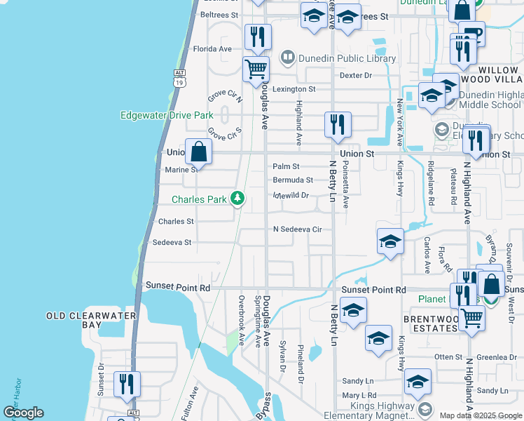 map of restaurants, bars, coffee shops, grocery stores, and more near 2014 Douglas Avenue in Clearwater