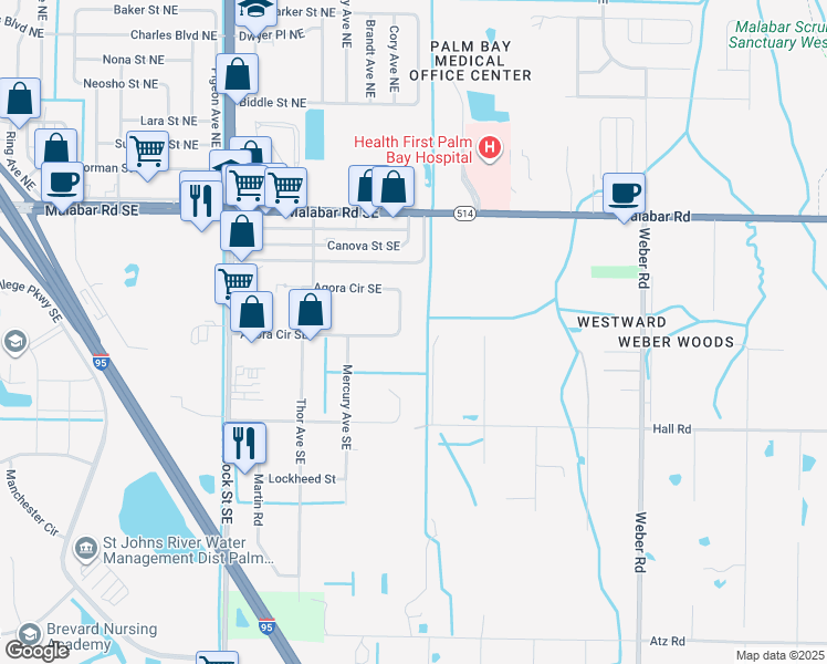map of restaurants, bars, coffee shops, grocery stores, and more near 1928 Agora Circle Southeast in Palm Bay