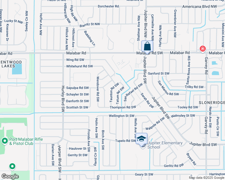 map of restaurants, bars, coffee shops, grocery stores, and more near 259 Taunton Road Southwest in Palm Bay