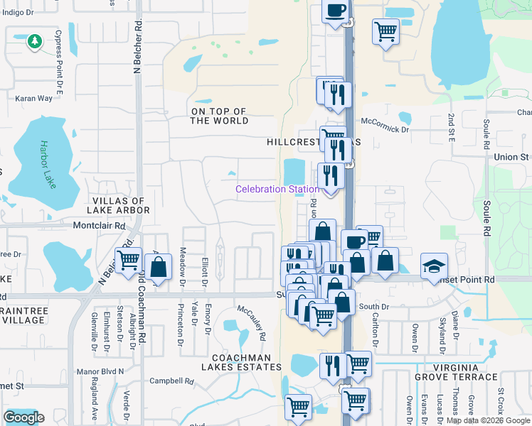 map of restaurants, bars, coffee shops, grocery stores, and more near 2463 Brazilia Drive in Clearwater