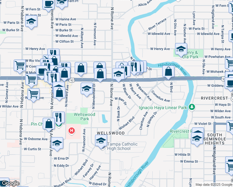 map of restaurants, bars, coffee shops, grocery stores, and more near 1510 West Brandon Drive in Tampa