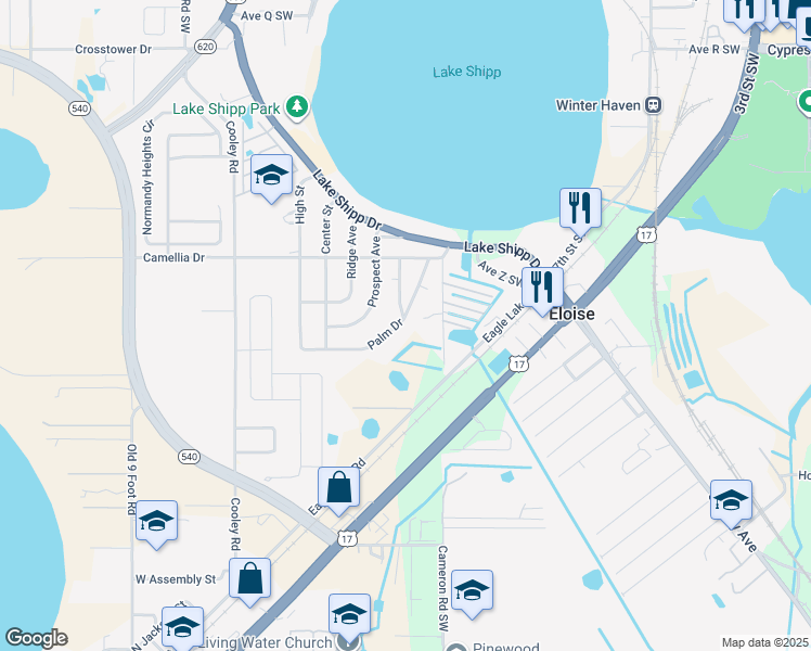 map of restaurants, bars, coffee shops, grocery stores, and more near 129 Palm Drive in Winter Haven