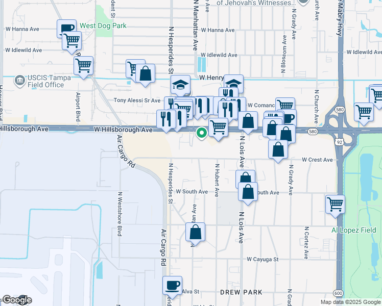 map of restaurants, bars, coffee shops, grocery stores, and more near 4401 West Crest Avenue in Tampa