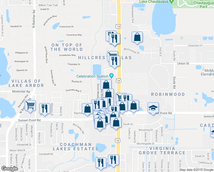 map of restaurants, bars, coffee shops, grocery stores, and more near 2556 Sea Wind Way in Clearwater