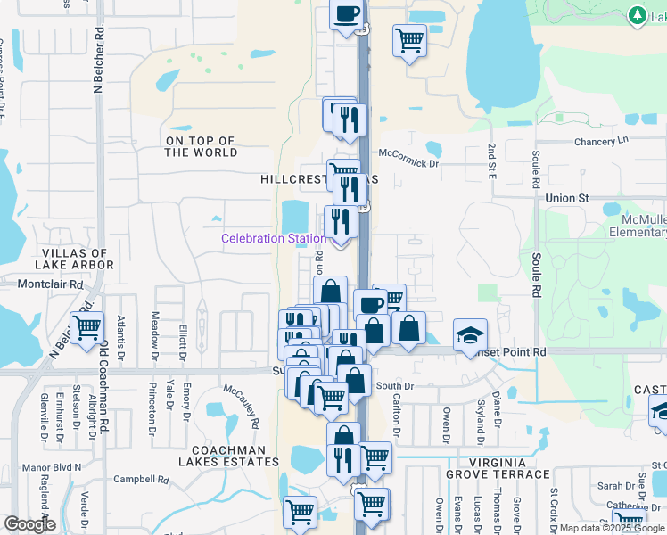 map of restaurants, bars, coffee shops, grocery stores, and more near 2570 Sea Wind Way in Clearwater