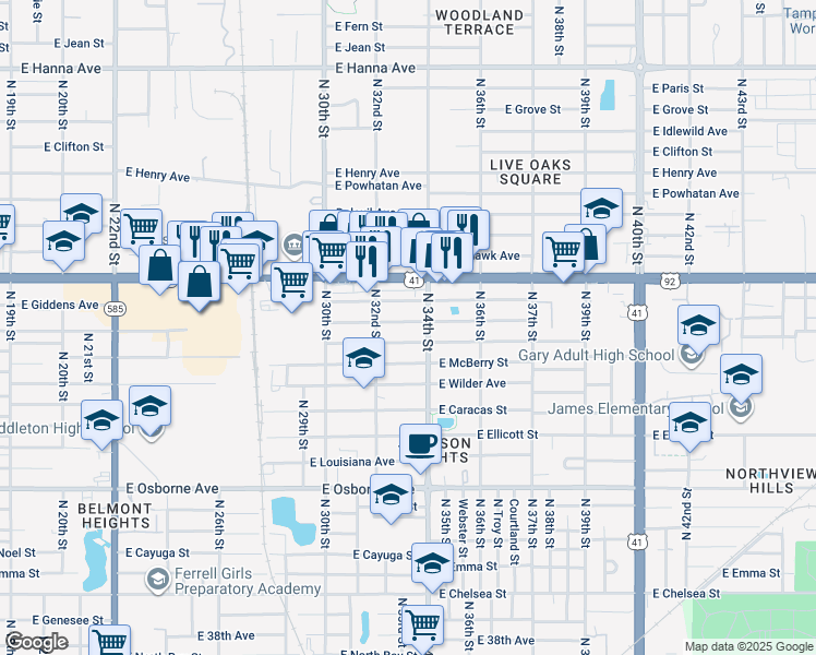 map of restaurants, bars, coffee shops, grocery stores, and more near 3301 East Frierson Avenue in Tampa