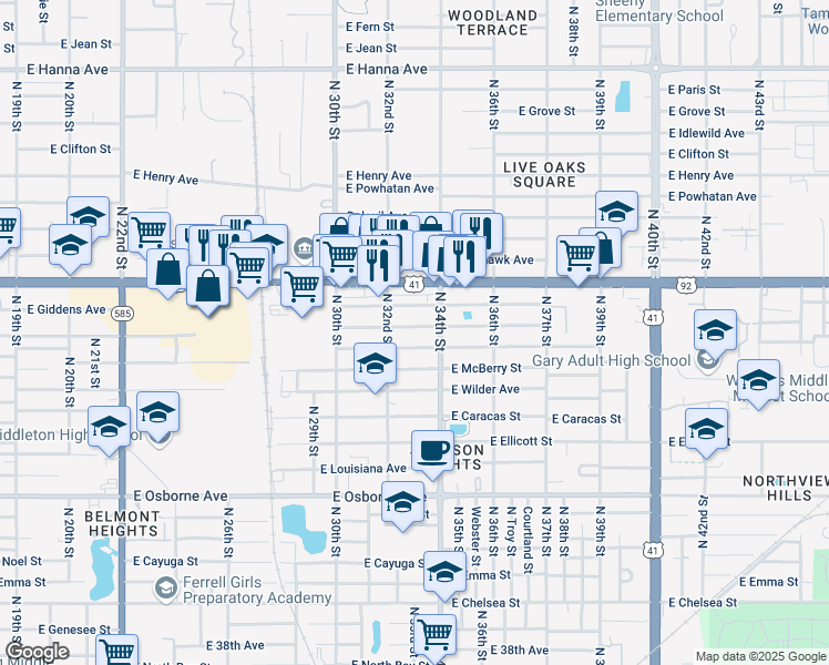 map of restaurants, bars, coffee shops, grocery stores, and more near 3301 East Frierson Avenue in Tampa