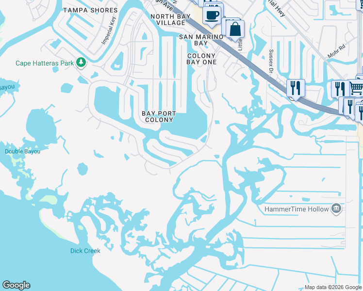 map of restaurants, bars, coffee shops, grocery stores, and more near 9810 Bay Island Drive in Tampa