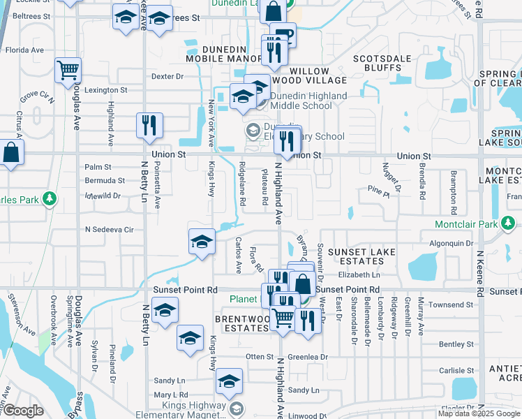 map of restaurants, bars, coffee shops, grocery stores, and more near 1470 Ridgelane Road in Clearwater