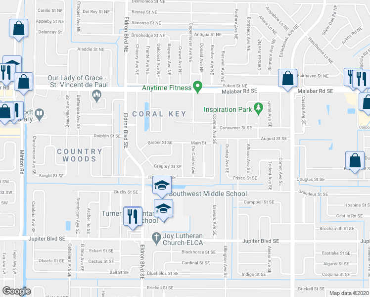 map of restaurants, bars, coffee shops, grocery stores, and more near 261 Edgewater Avenue Southeast in Palm Bay