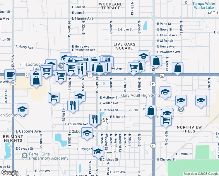map of restaurants, bars, coffee shops, grocery stores, and more near 3507 East Frierson Avenue in Tampa