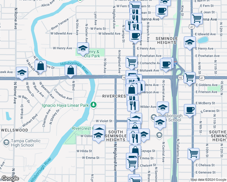 map of restaurants, bars, coffee shops, grocery stores, and more near 304 West Frierson Avenue in Tampa