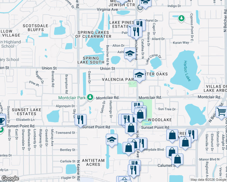 map of restaurants, bars, coffee shops, grocery stores, and more near 2044 Loma Linda Way North in Clearwater