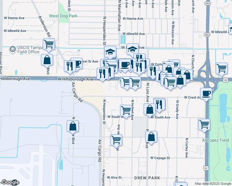 map of restaurants, bars, coffee shops, grocery stores, and more near 4401 West Crest Avenue in Tampa
