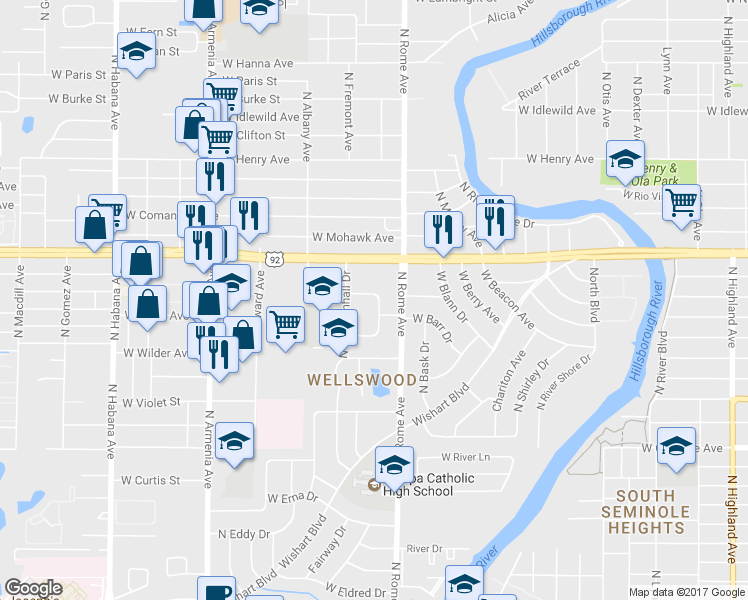 map of restaurants, bars, coffee shops, grocery stores, and more near 1706 North Alexander Road in Tampa