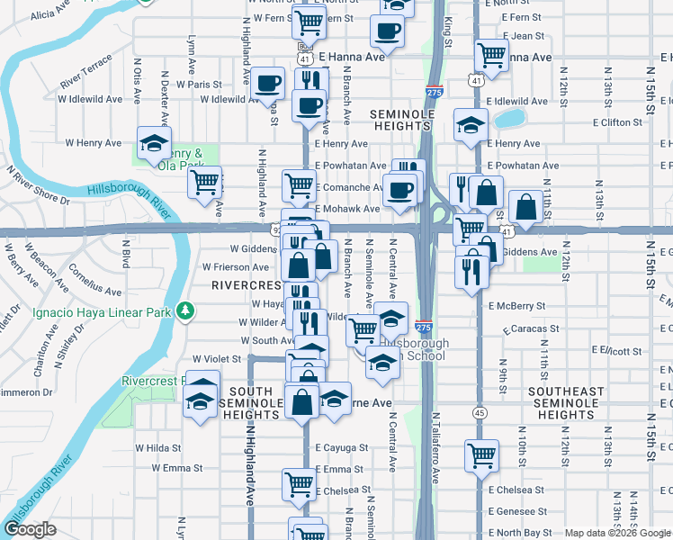 map of restaurants, bars, coffee shops, grocery stores, and more near 206 East Frierson Avenue in Tampa