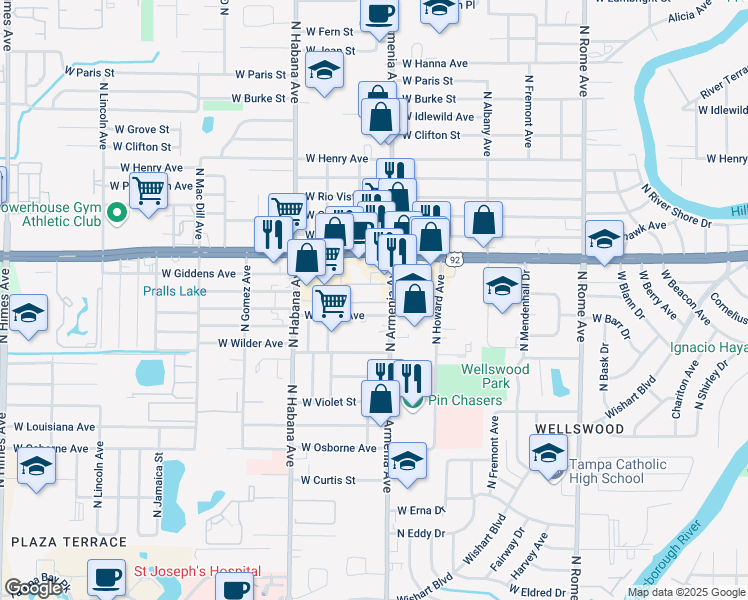 map of restaurants, bars, coffee shops, grocery stores, and more near 2517 Siesta Court in Tampa