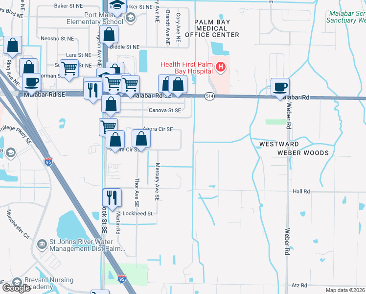 map of restaurants, bars, coffee shops, grocery stores, and more near 1928 Agora Circle Southeast in Palm Bay