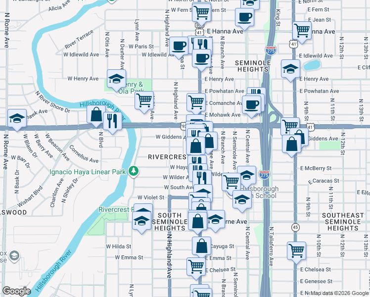 map of restaurants, bars, coffee shops, grocery stores, and more near 5198 North Tampa Street in Tampa