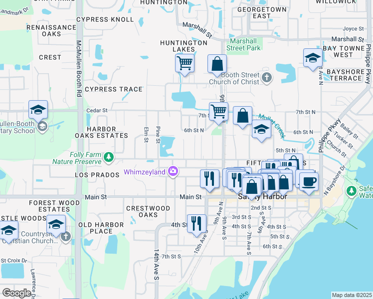 map of restaurants, bars, coffee shops, grocery stores, and more near 912 Woodbridge Court in Safety Harbor