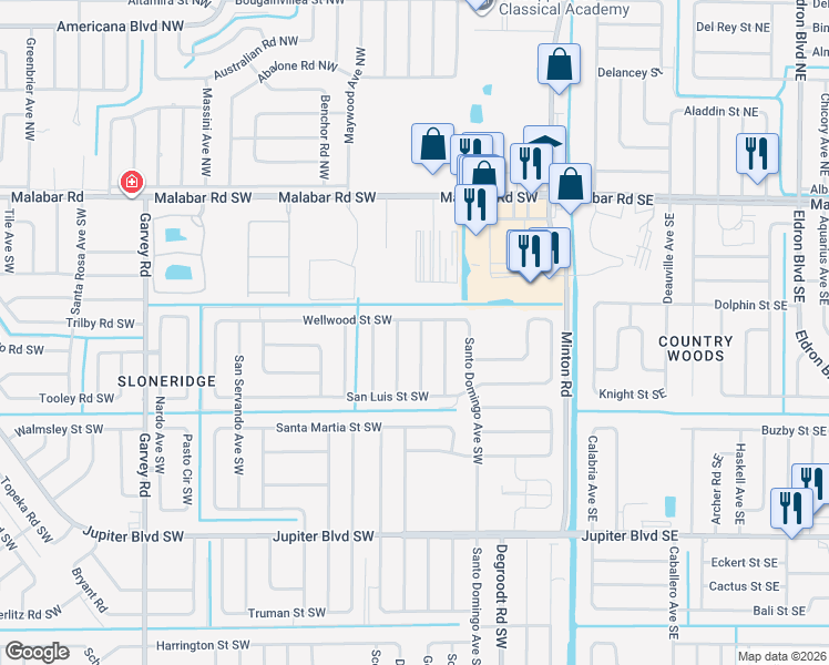 map of restaurants, bars, coffee shops, grocery stores, and more near 236 Trembley Avenue Southwest in Palm Bay