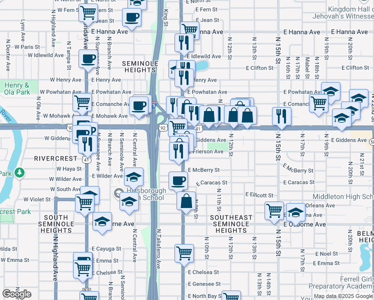 map of restaurants, bars, coffee shops, grocery stores, and more near 5204 North 9th Street in Tampa