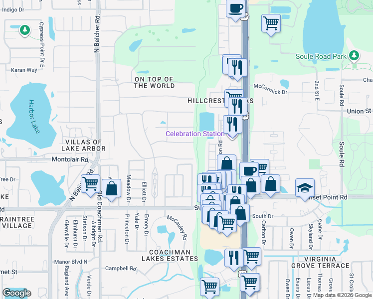 map of restaurants, bars, coffee shops, grocery stores, and more near 2463 Brazilia Drive in Clearwater