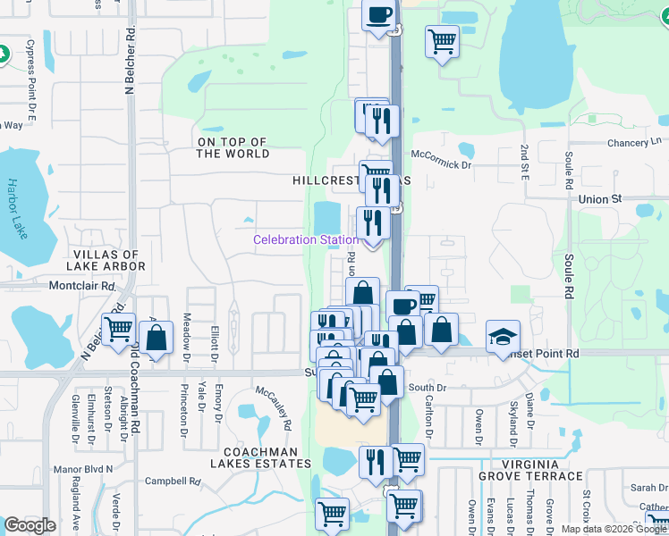 map of restaurants, bars, coffee shops, grocery stores, and more near 2522 White Sand Lane in Clearwater