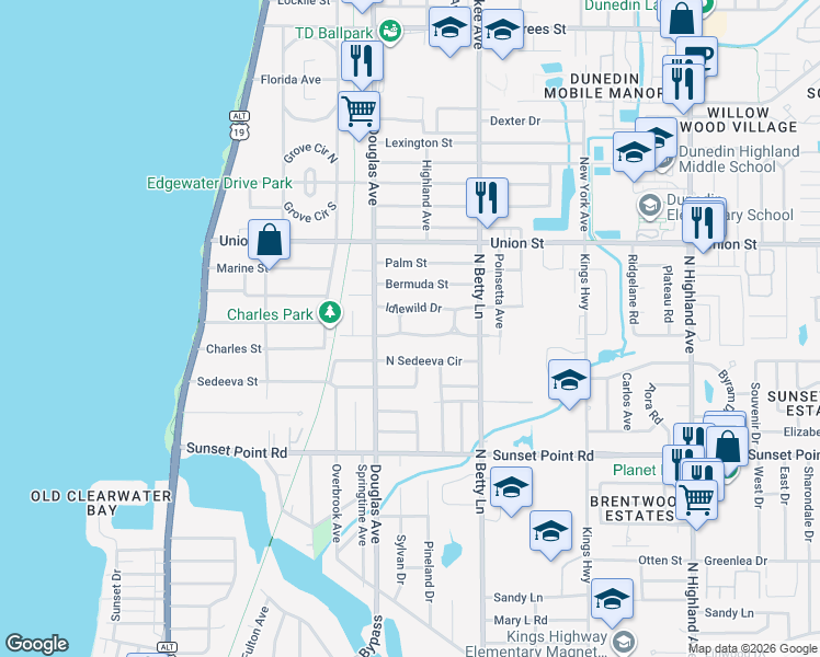 map of restaurants, bars, coffee shops, grocery stores, and more near 1232 Woodlawn Terrace in Clearwater