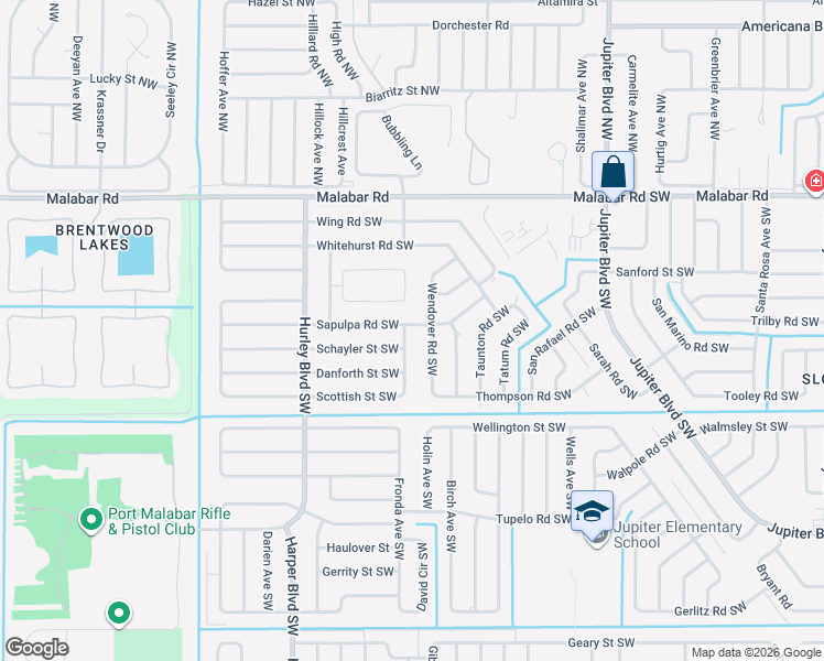 map of restaurants, bars, coffee shops, grocery stores, and more near 301 Seabull Avenue Southwest in Palm Bay