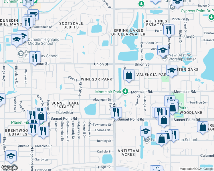 map of restaurants, bars, coffee shops, grocery stores, and more near 2022 Dunston Cove Road in Clearwater
