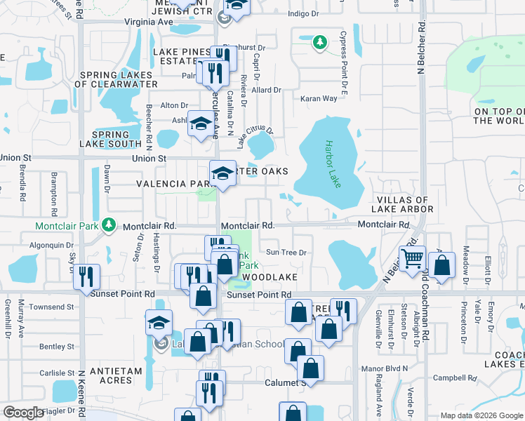 map of restaurants, bars, coffee shops, grocery stores, and more near 2015 Del-Betmar Road in Clearwater