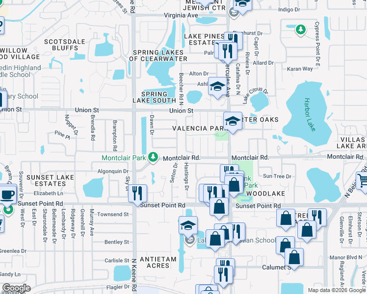 map of restaurants, bars, coffee shops, grocery stores, and more near 2042 Los Lomas Drive in Clearwater