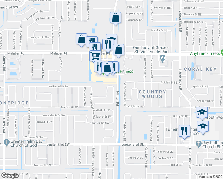 map of restaurants, bars, coffee shops, grocery stores, and more near 224 Wilton Avenue Southwest in Palm Bay