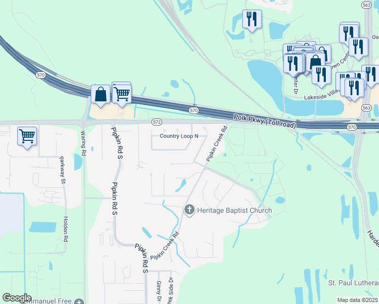 map of restaurants, bars, coffee shops, grocery stores, and more near 3918 Country Loop East in Lakeland