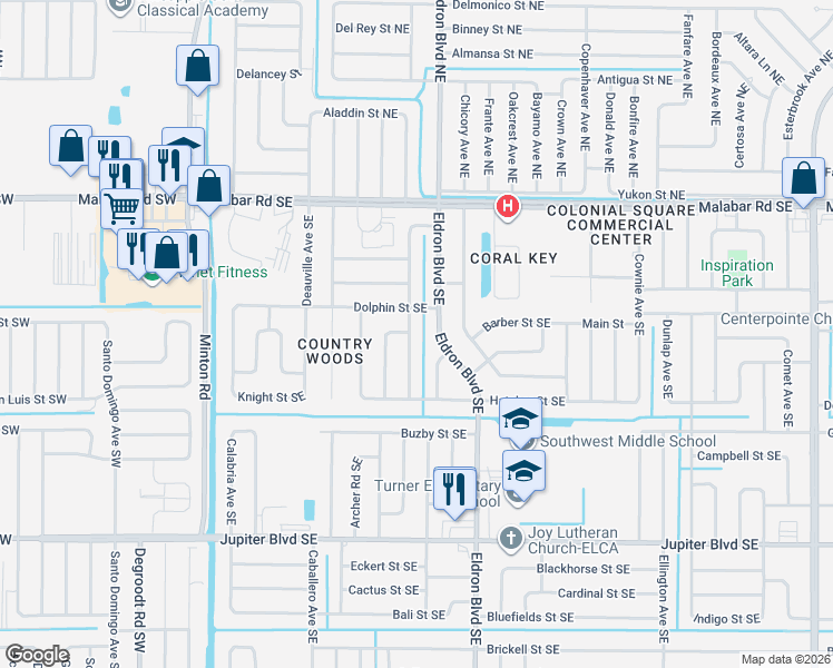 map of restaurants, bars, coffee shops, grocery stores, and more near 261 Decordre Road Southeast in Palm Bay
