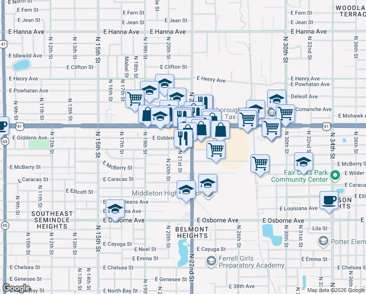 map of restaurants, bars, coffee shops, grocery stores, and more near 2104 East Frierson Avenue in Tampa