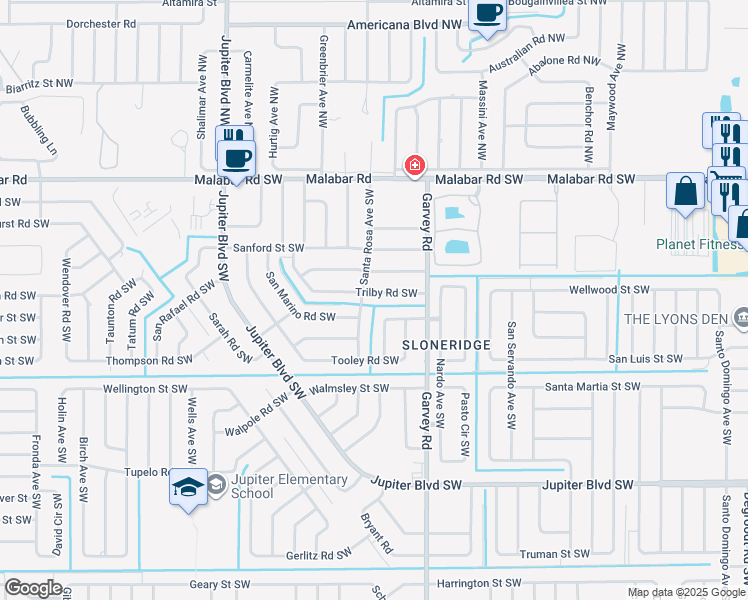 map of restaurants, bars, coffee shops, grocery stores, and more near 318 Trilby Road Southwest in Palm Bay