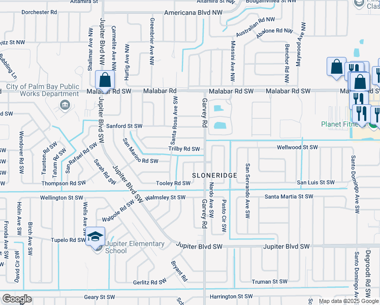 map of restaurants, bars, coffee shops, grocery stores, and more near 358 Trilby Road Southwest in Palm Bay