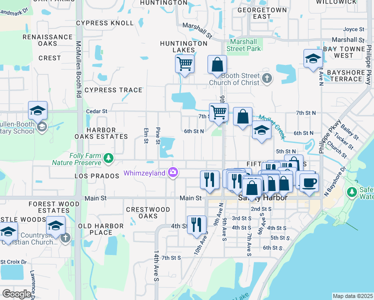 map of restaurants, bars, coffee shops, grocery stores, and more near 912 Woodbridge Court in Safety Harbor