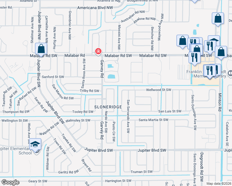 map of restaurants, bars, coffee shops, grocery stores, and more near 253 Paquita Circle in Palm Bay