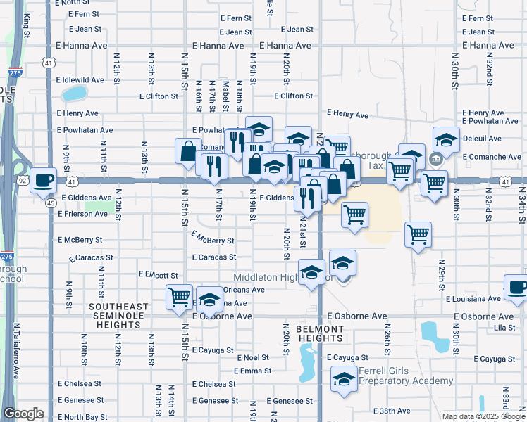 map of restaurants, bars, coffee shops, grocery stores, and more near 1908 East Frierson Avenue in Tampa
