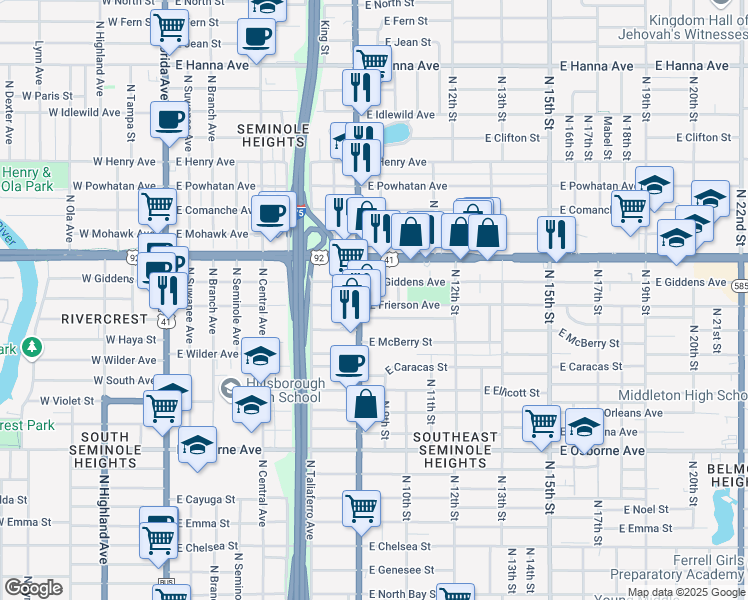 map of restaurants, bars, coffee shops, grocery stores, and more near 5204 N 9th St in Tampa