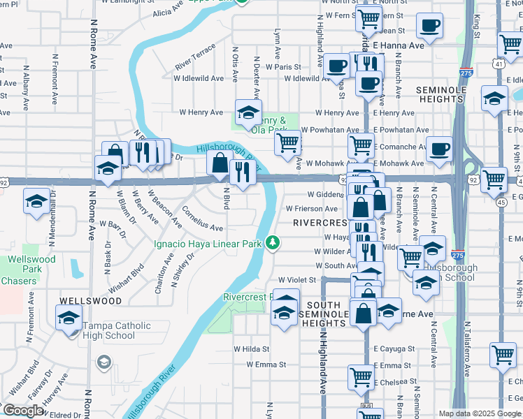 map of restaurants, bars, coffee shops, grocery stores, and more near 5225 Bon Vivant Drive in Tampa