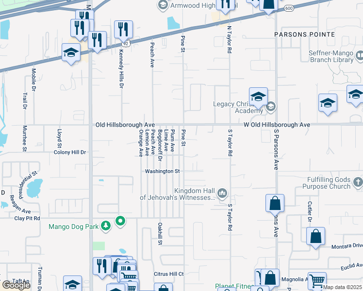 map of restaurants, bars, coffee shops, grocery stores, and more near 5320 Pine Street in Seffner