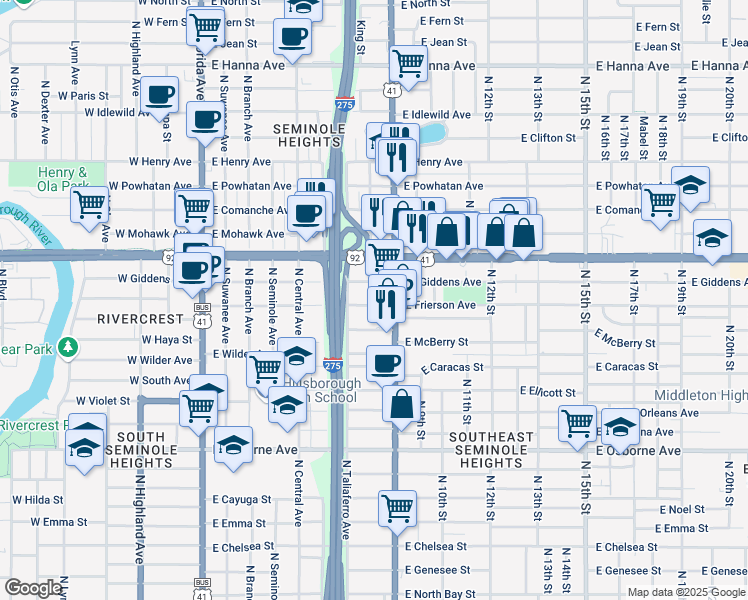 map of restaurants, bars, coffee shops, grocery stores, and more near 812 East Frierson Avenue in Tampa