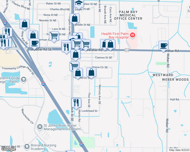 map of restaurants, bars, coffee shops, grocery stores, and more near 1821 Agora Circle Southeast in Palm Bay