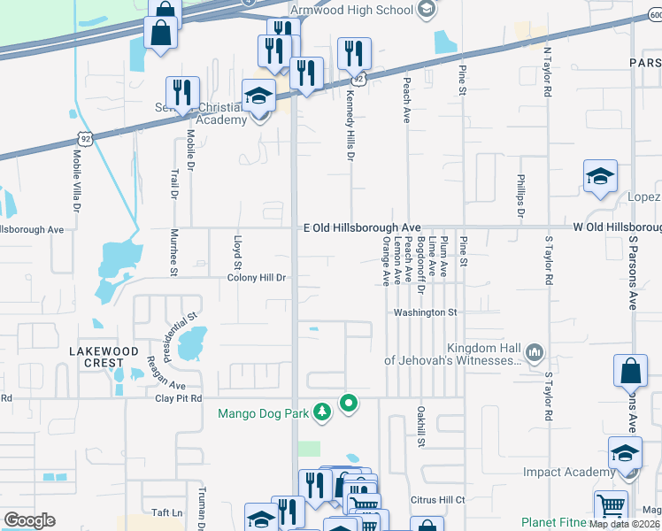 map of restaurants, bars, coffee shops, grocery stores, and more near 5341 Coldpine Place in Seffner