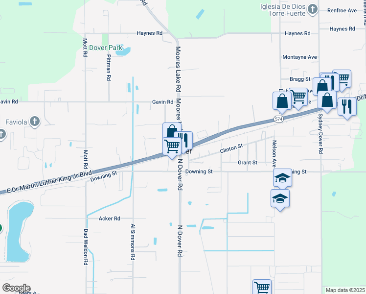 map of restaurants, bars, coffee shops, grocery stores, and more near 14208 Florida 574 in Dover
