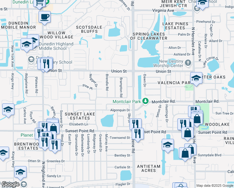 map of restaurants, bars, coffee shops, grocery stores, and more near 2021 Little Neck Road in Clearwater